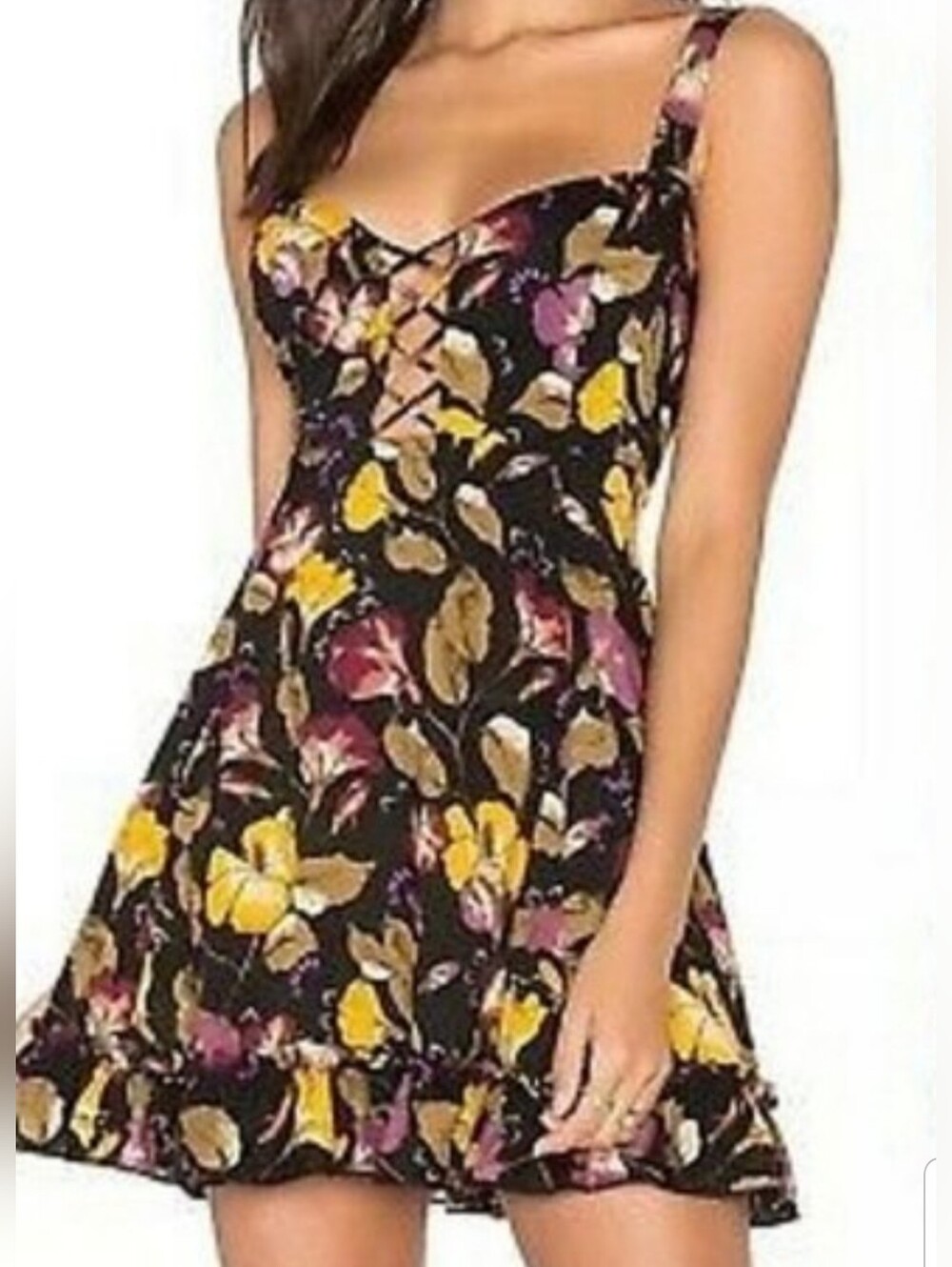 Free People Intimately Lattice Lovers Slip Mini Dress Black Floral Combo Size M